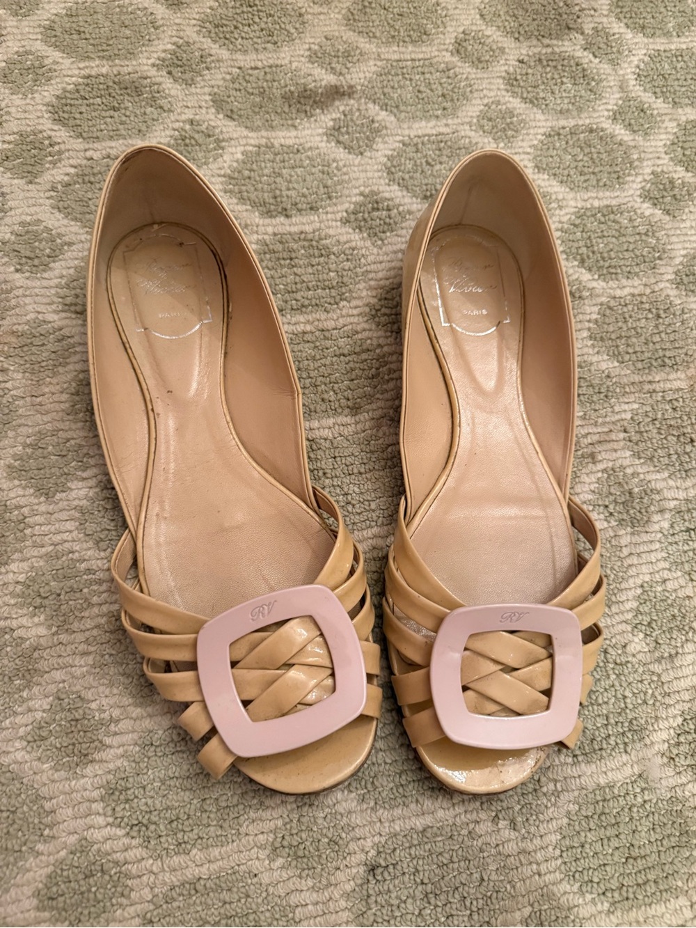 Roger Vivier Beige Leather Open-Toe Sandals with Pink Buckles